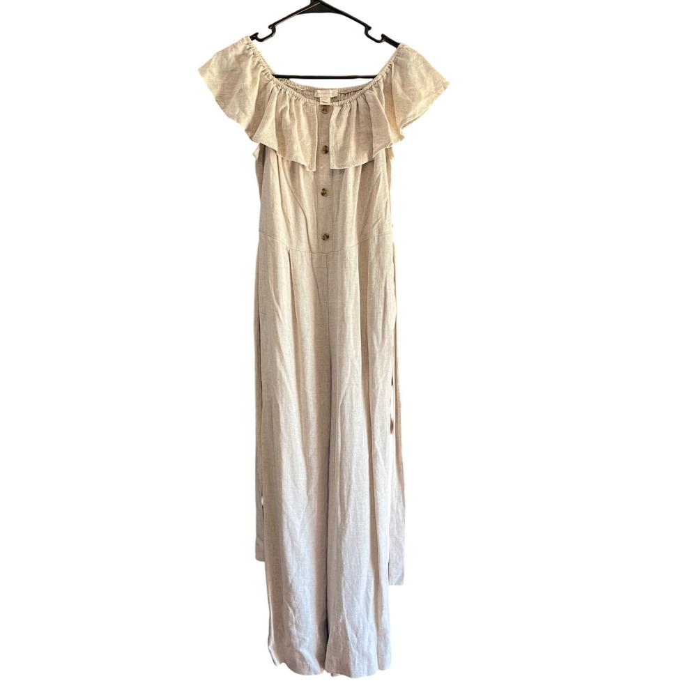 Monteau Los Angeles Women's Off The Shoulder Ruffle Jumpsuit Beige linen blend S